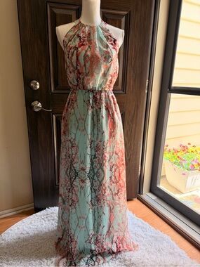 Jessica Simpson Mint Halter Maxi Dress with Coral Floral Print